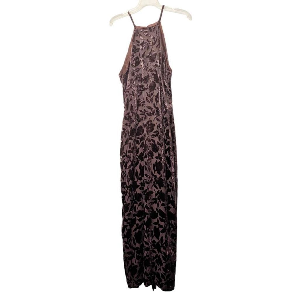 Night Way Collection Women Velvet Floral Keyhole Halter Maxi Dress Brown Size 12